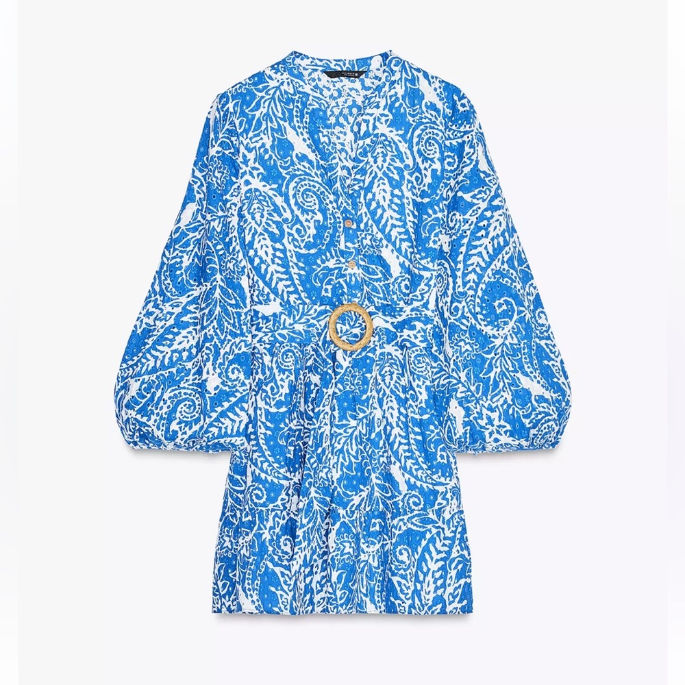 Zara White and Blue Patterned Dress